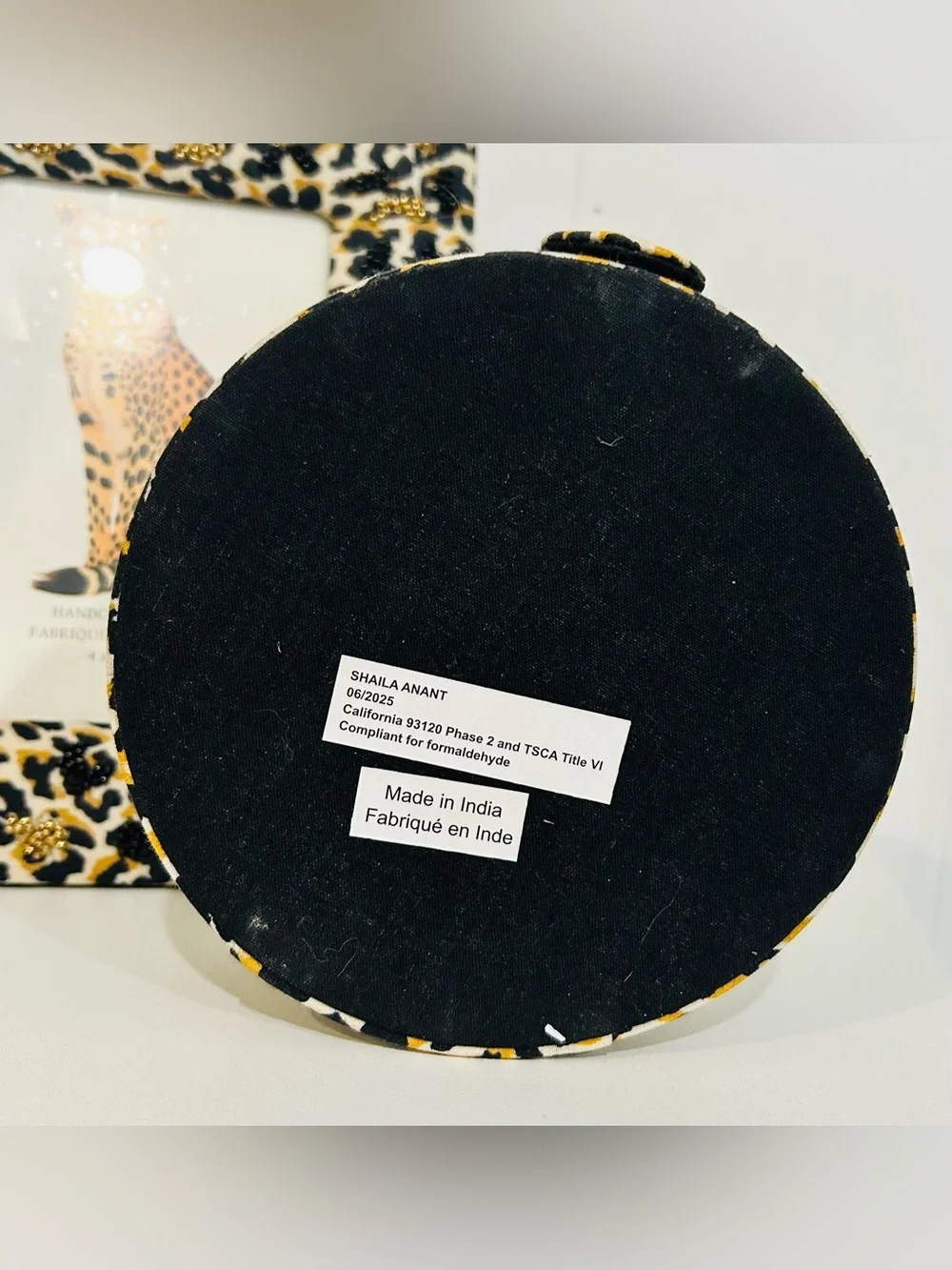 Leopard Print Round Jewelry Box with Matching Photo Frame and Beaded Accents